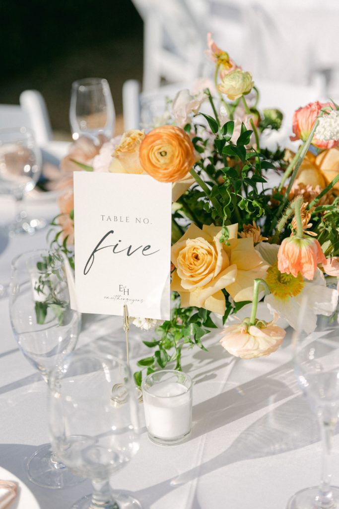 Reception table details with florals and calligraphy table numbers