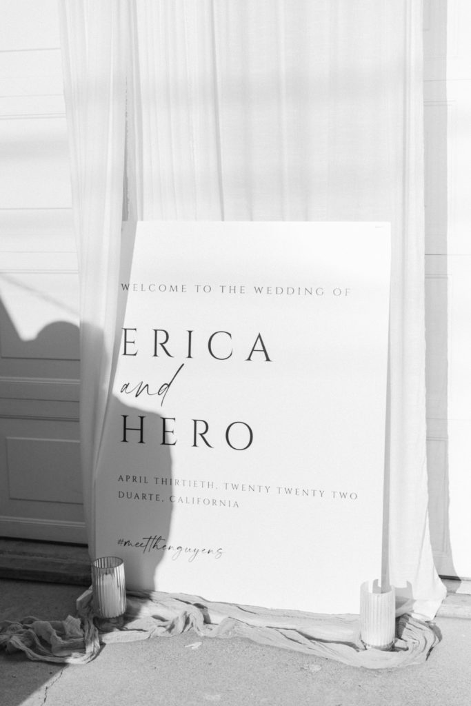 welcome sign for Erica and Thomas private residence wedding